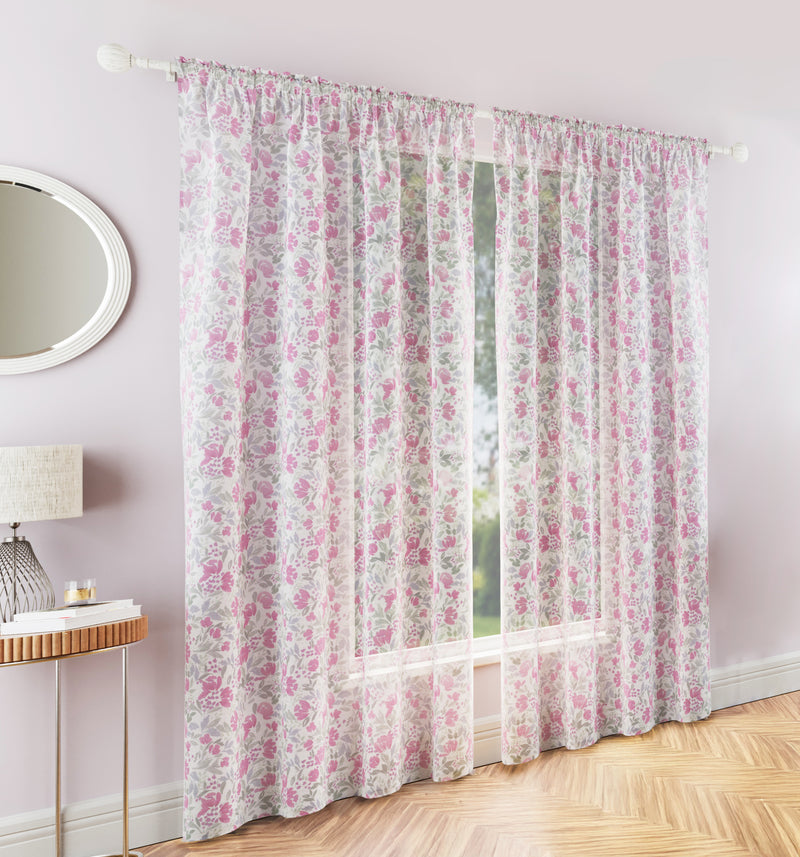 Mia Pink Floral Print Sheer Voile Panels - Pair
