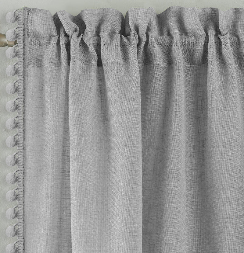 Pair of Tahiti Grey Pom-Pom Trim Linen Look Voile Panels with Rod Pocket Header