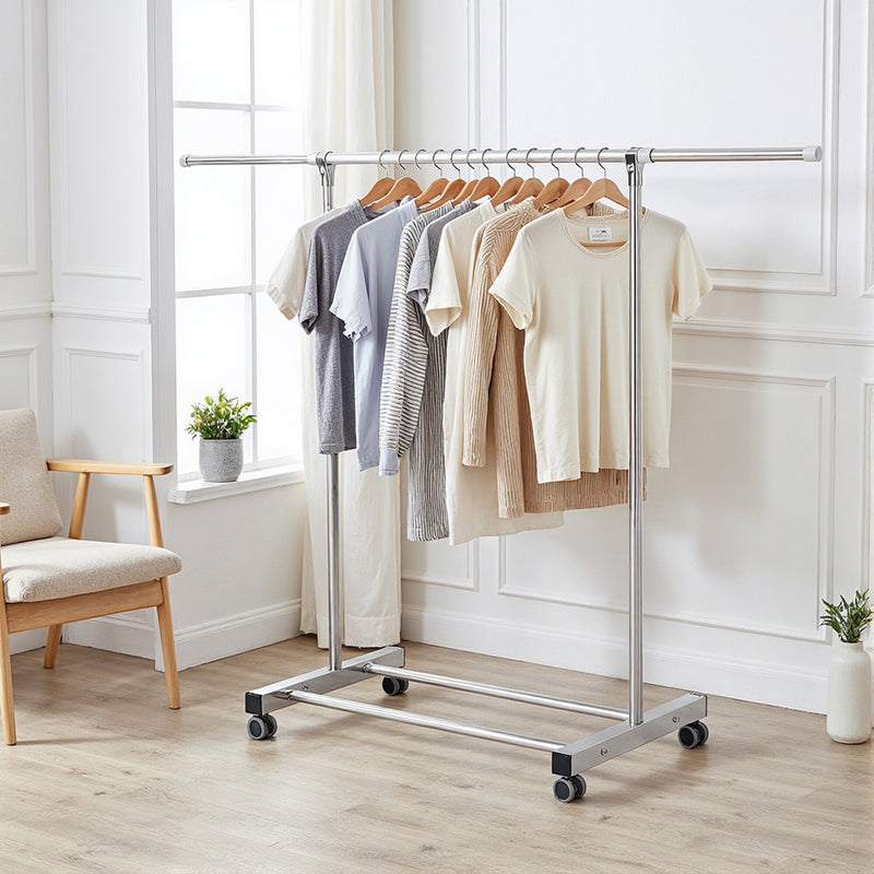 Livingandhome Adjustable Stainless Steel Single-Rod Clothes Drying Rack with Wheels