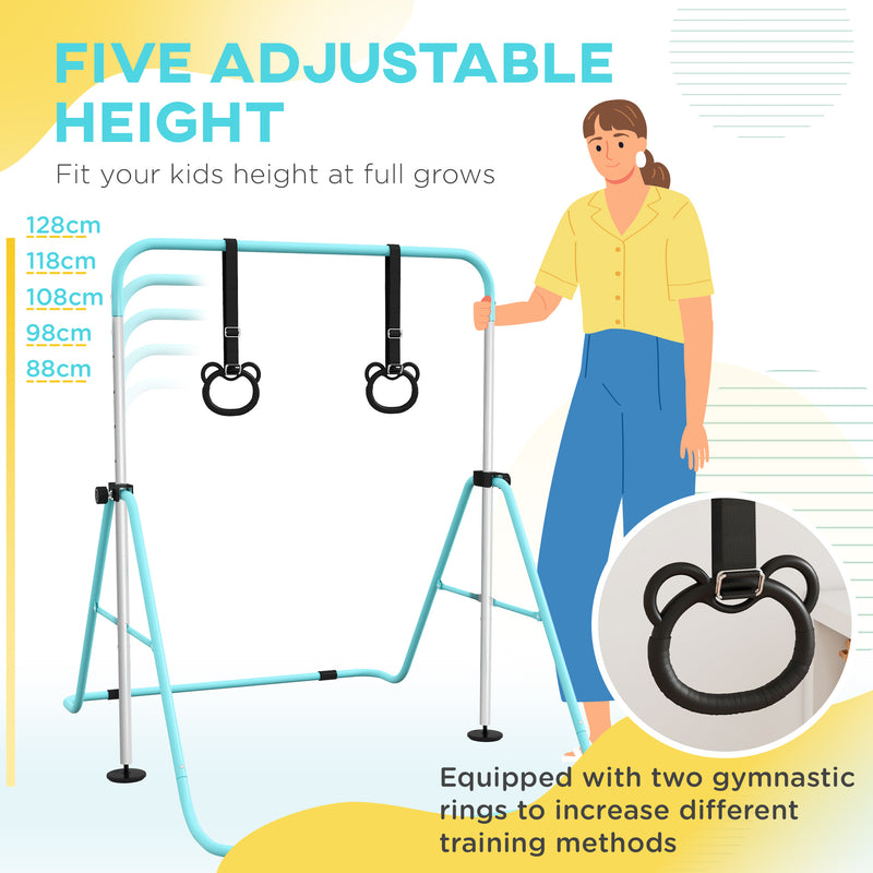 HOMCOM Adjustable Height Foldable Kids Purple Gymnastics Bar With Non-Slip Mats