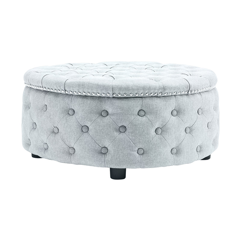 Livingandhome Grey Linen Round Ottoman with Studded Edge
