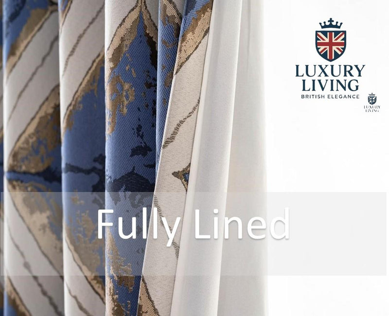 Luxury Diamond Jacquard Fully Lined Ring Top Curtains with Metallic Thread Blue/Gold