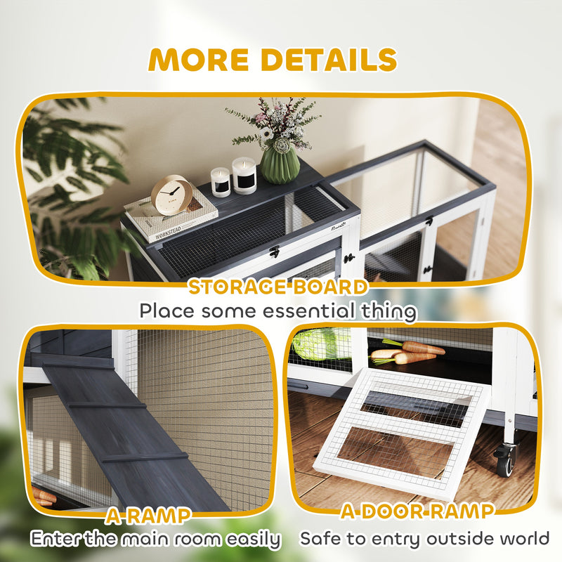 PawHut 2 Tier Rabbit Hutch with Run, Wheels, 2 Openable Top, 3 Plastic Trays