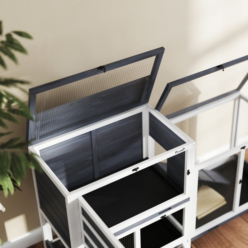 PawHut 2 Tier Rabbit Hutch with Run, Wheels, 2 Openable Top, 3 Plastic Trays