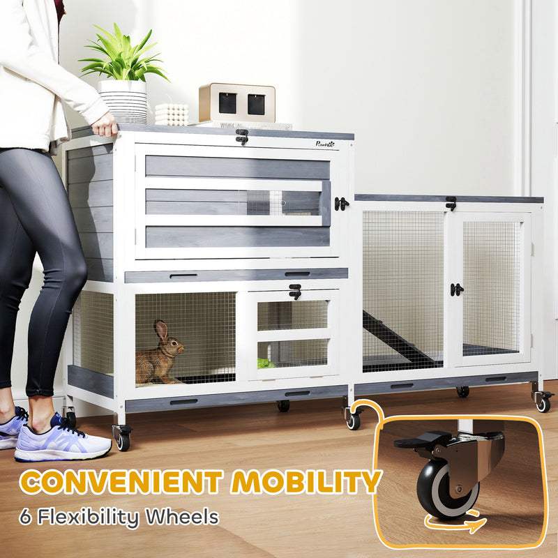 PawHut 2 Tier Rabbit Hutch with Run, Wheels, 2 Openable Top, 3 Plastic Trays