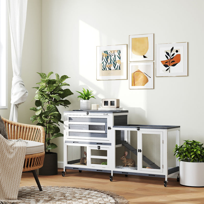 PawHut 2 Tier Rabbit Hutch with Run, Wheels, 2 Openable Top, 3 Plastic Trays