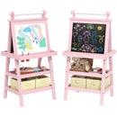 AIYAPLAY Double-Sided Art Easel For Kids W/ Paper Roll, Storage Baskets Pink