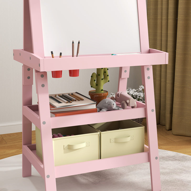 AIYAPLAY Double-Sided Art Easel For Kids W/ Paper Roll, Storage Baskets Pink