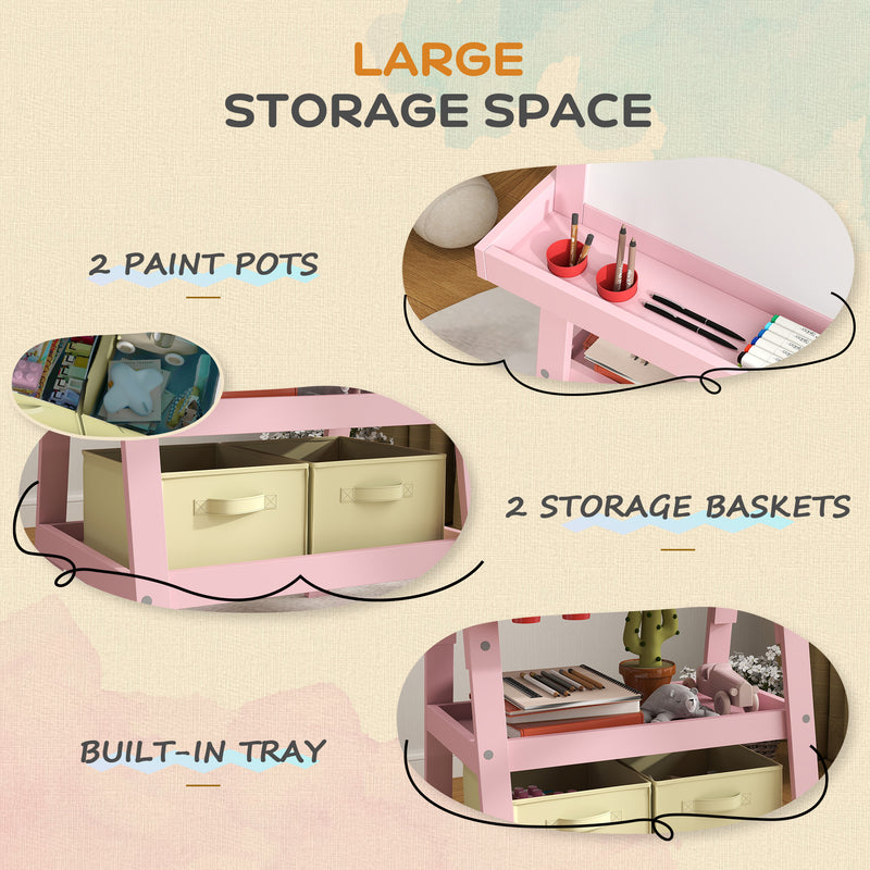 AIYAPLAY Double-Sided Art Easel For Kids W/ Paper Roll, Storage Baskets Pink