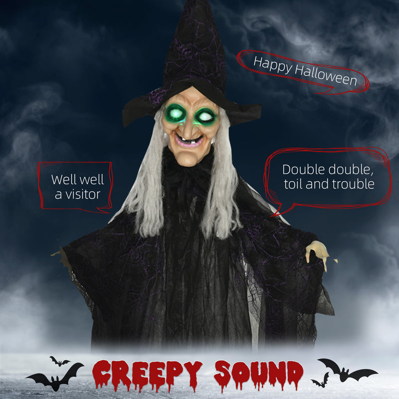 HOMCOM Standing Witch Prop Life Size with Light Up Eyes, Talking Sound