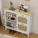 HOMCOM Boho Slim Shoe Cabinet with Rattan Doors, Holds 20 Pairs, White