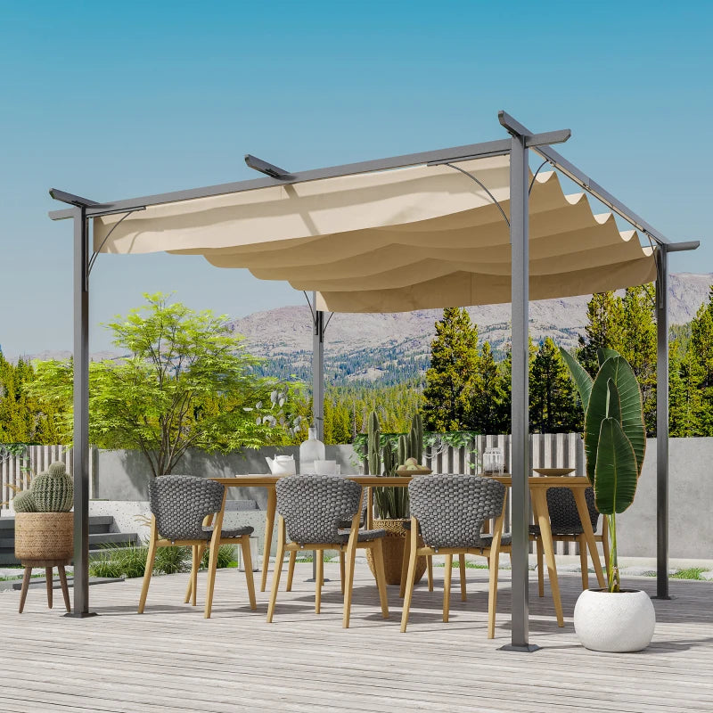 Outsunny Outdoor Metal Pergola with Retractable Awning Canopy 3x3m - Beige