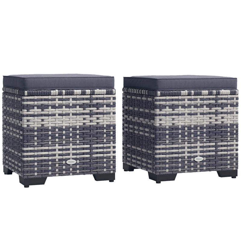 Outsunny Set of 2 Rattan Footstool, Storage Ottoman w/ Cushions
