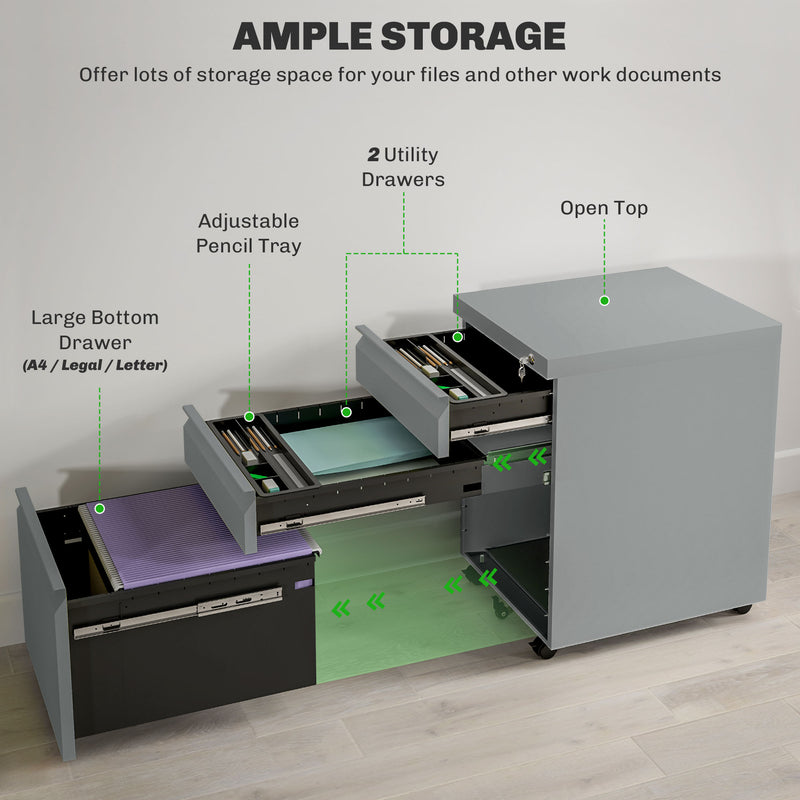 Vinsetto 3 Drawer File Cabinet, Lockable Metal Filling Cabinet - Yellow/Grey/Green