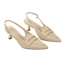 Slingback Pointed Closed Toe Loafer Kitten Heels - Beige