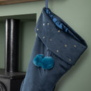 70cm Hanging Dark Blue Velour Star Print Christmas Stocking With Pom Poms