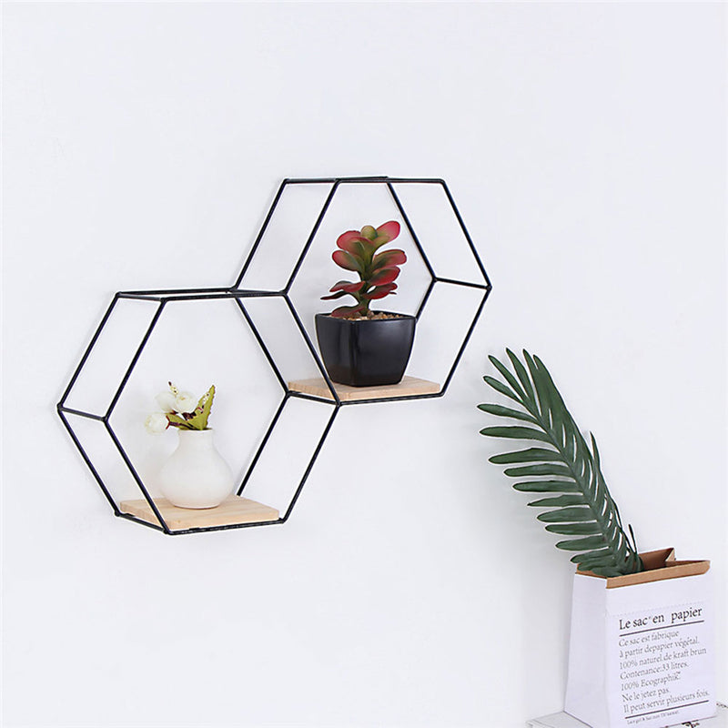 Livingandhome Modern Hexagon Wall Shelf with Iron Frame