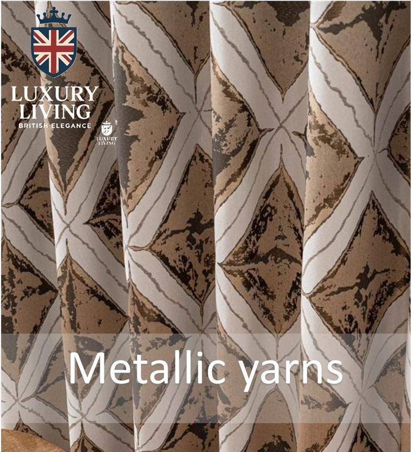 Luxury Diamond Jacquard Fully Lined Ring Top Curtains with Metallic Thread Cream/Gold