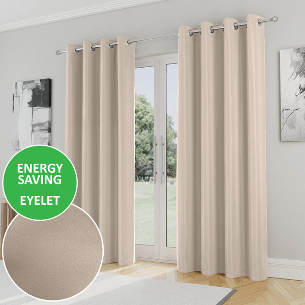 Enhanced Living Nightfall Plain Supersoft Natural Cream/Beige Thermal Blockout Eyelet Curtains - Pair