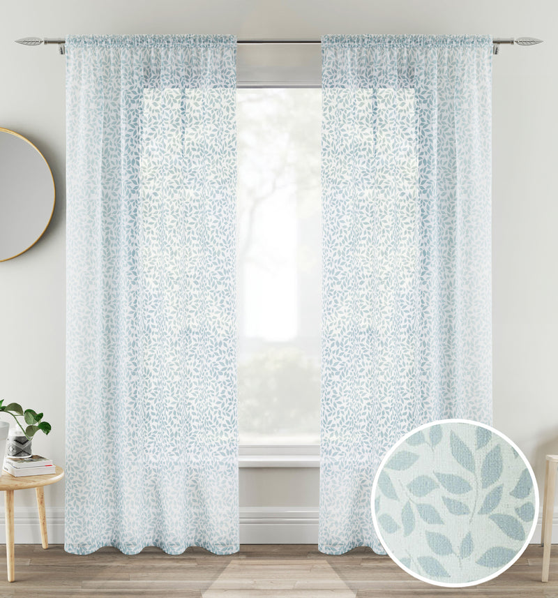 Pair of Willow Duck Egg Blue Leaf Print on Linen Look Panels, with Rod Pocket Header