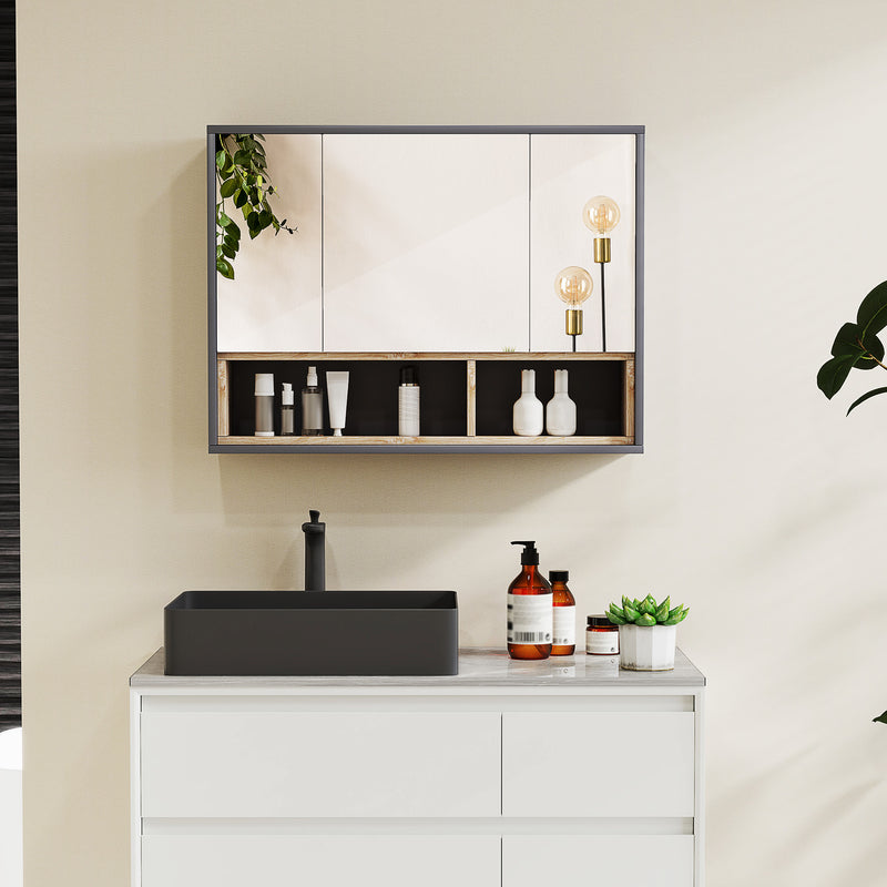 HOMCOM Bathroom Cabinet Wall Mounted Mirror Storage With Shelves Grey