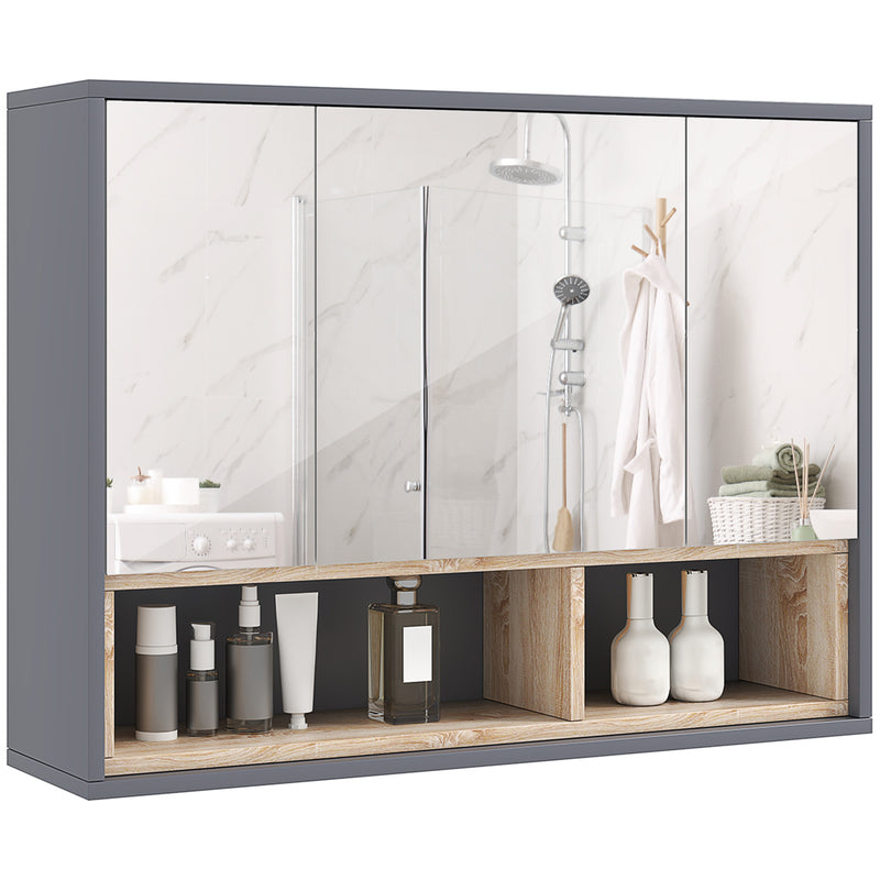 HOMCOM Bathroom Cabinet Wall Mounted Mirror Storage With Shelves Grey