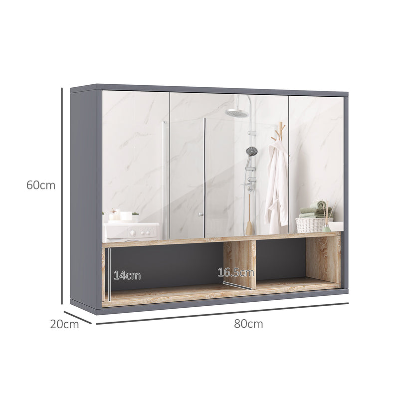HOMCOM Bathroom Cabinet Wall Mounted Mirror Storage With Shelves Grey