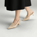 Slingback Pointed Closed Toe Loafer Kitten Heels - Beige