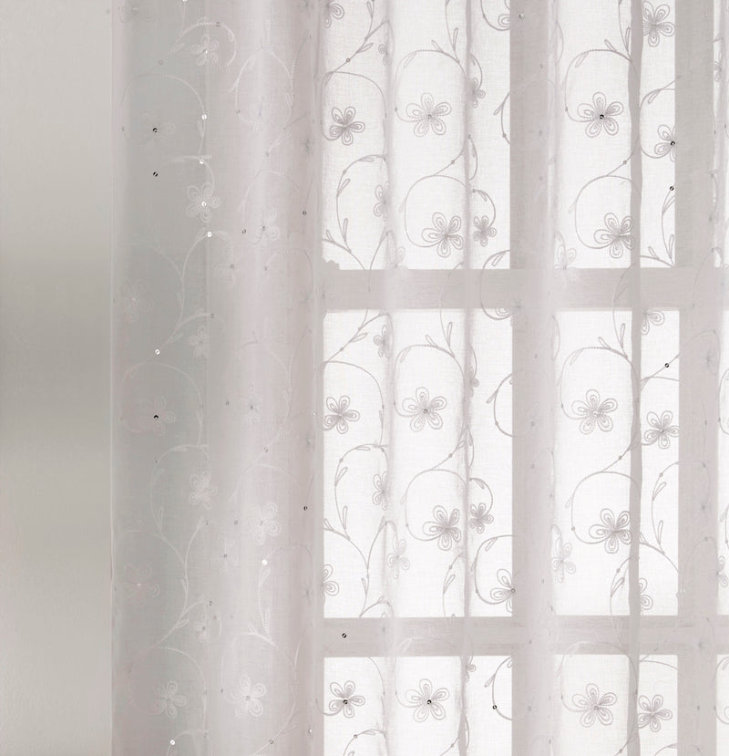 Pair of Belle White Sheer Floral Embroidery Voile Panels with Rod Pocket Header