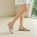 Rhinestones Double Strap Mary Jane Flats Shoes - Beige