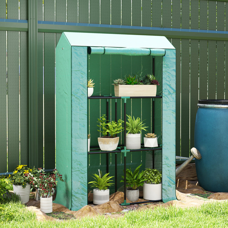 Outsunny 3 Tier Mini Greenhouse with PE Cover, Roll-Up Door, White