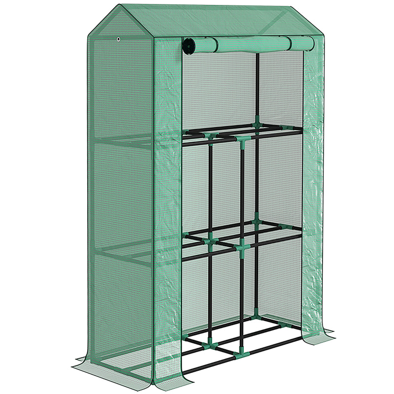 Outsunny 3 Tier Mini Greenhouse with PE Cover, Roll-Up Door, White