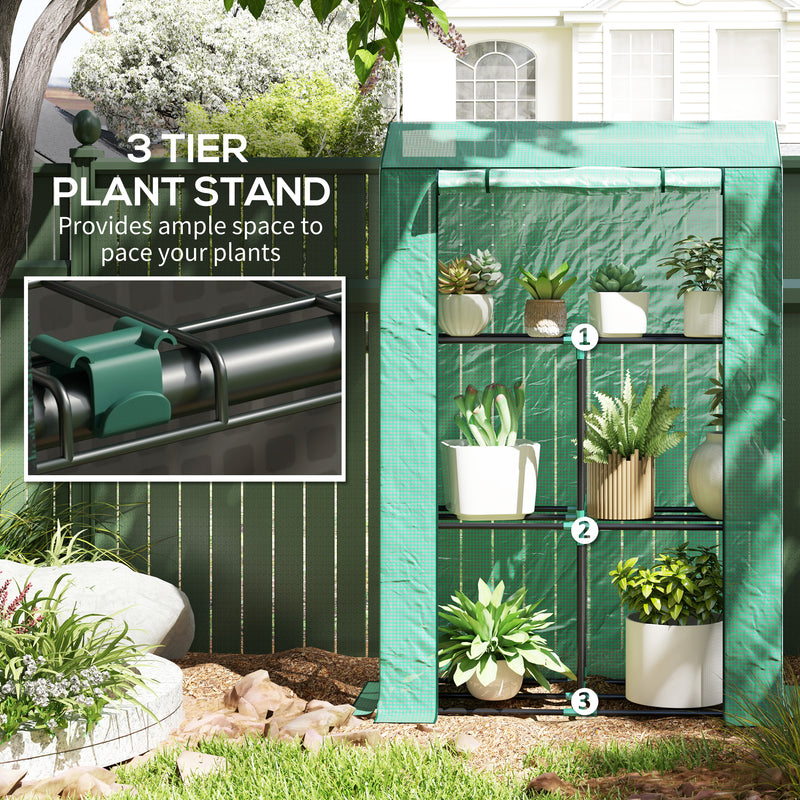 Outsunny 3 Tier Mini Greenhouse with PE Cover, Roll-Up Door, White