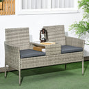 Outsunny Rattan Garden Bench w/ Glass Tea Table, Wicker Chair w/ Cushions
