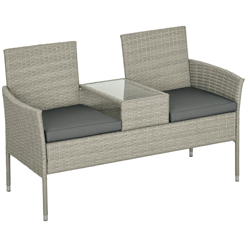 Outsunny Rattan Garden Bench w/ Glass Tea Table, Wicker Chair w/ Cushions