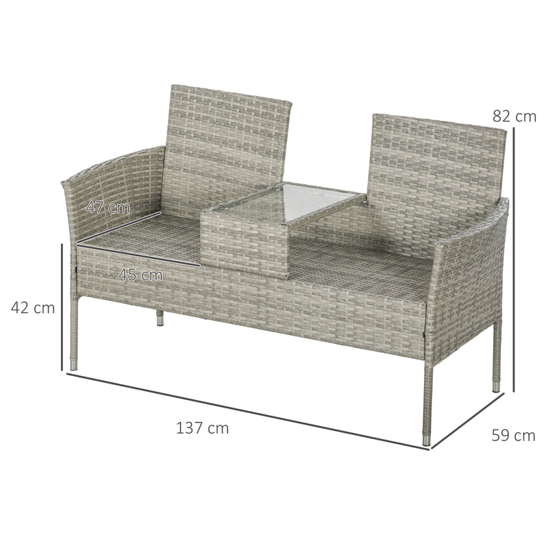 Outsunny Rattan Garden Bench w/ Glass Tea Table, Wicker Chair w/ Cushions