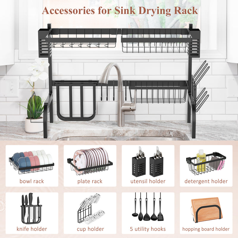 HOMCOM 65cm Over The Sink Dish Drainer Rack, 2 Tier Dish Rack for Kitchen, Black