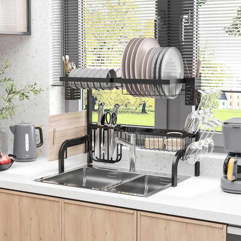 HOMCOM 65cm Over The Sink Dish Drainer Rack, 2 Tier Dish Rack for Kitchen, Black