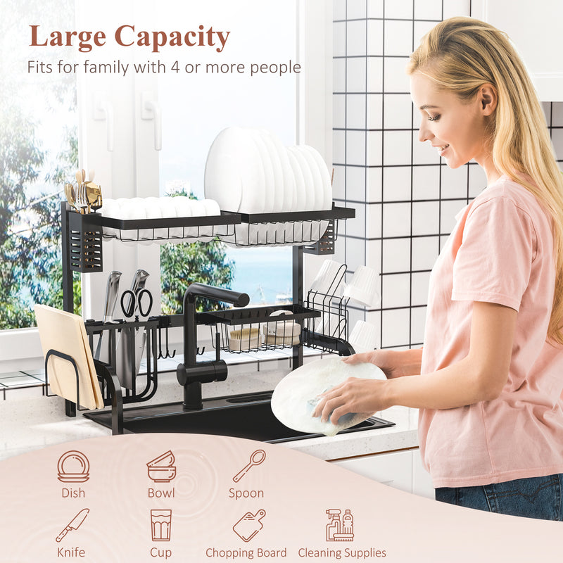 HOMCOM 65cm Over The Sink Dish Drainer Rack, 2 Tier Dish Rack for Kitchen, Black