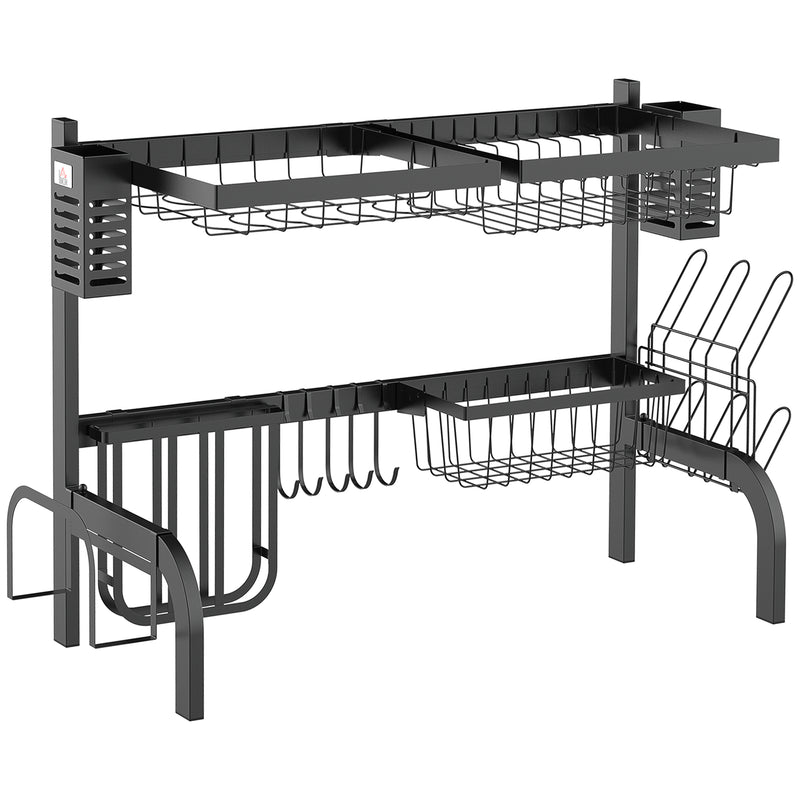 HOMCOM 65cm Over The Sink Dish Drainer Rack, 2 Tier Dish Rack for Kitchen, Black