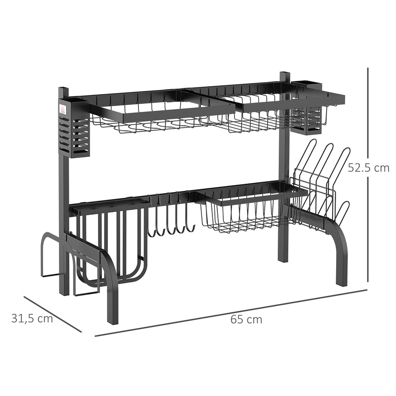 HOMCOM 65cm Over The Sink Dish Drainer Rack, 2 Tier Dish Rack for Kitchen, Black