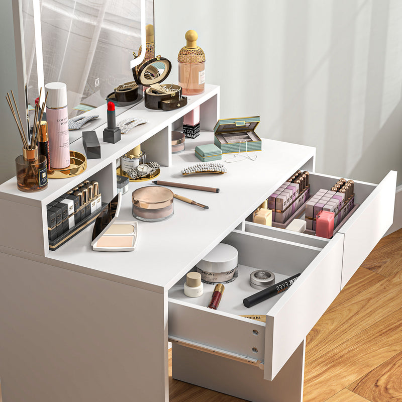 HOMCOM Dressing Table with Mirror, LED Lights, Drawers, for Bedroom, White