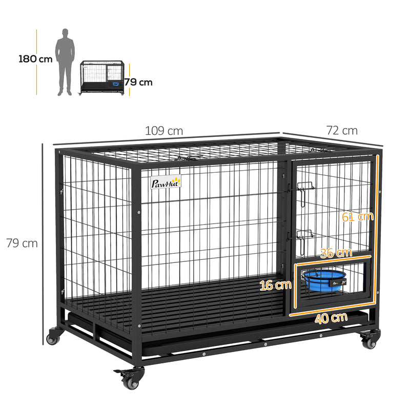 PawHut Heavy Duty Dog Crate on Wheels w/ Bowl Holder, Removable Tray