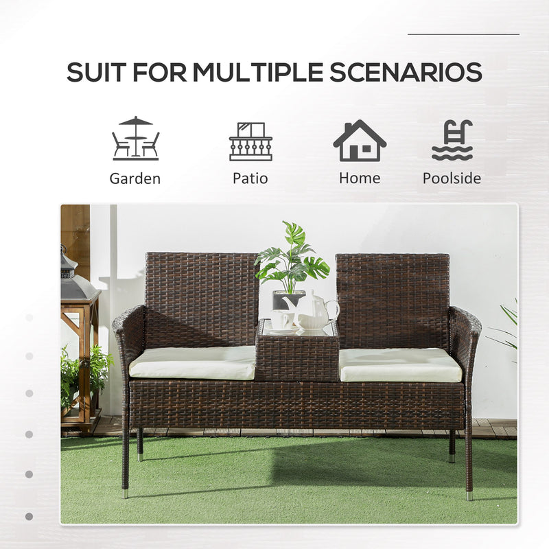 Outsunny Rattan Garden Bench w/ Glass Tea Table, Wicker Chair w/ Cushions