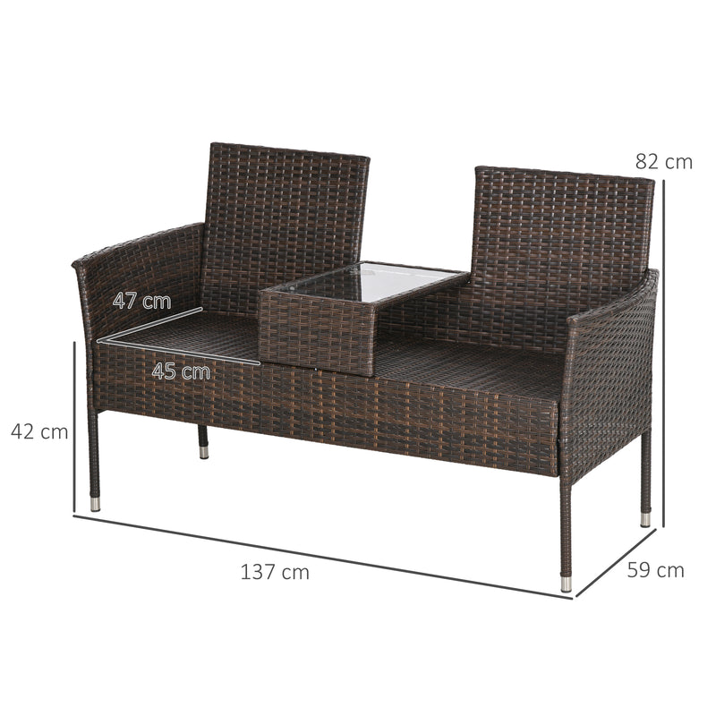 Outsunny Rattan Garden Bench w/ Glass Tea Table, Wicker Chair w/ Cushions