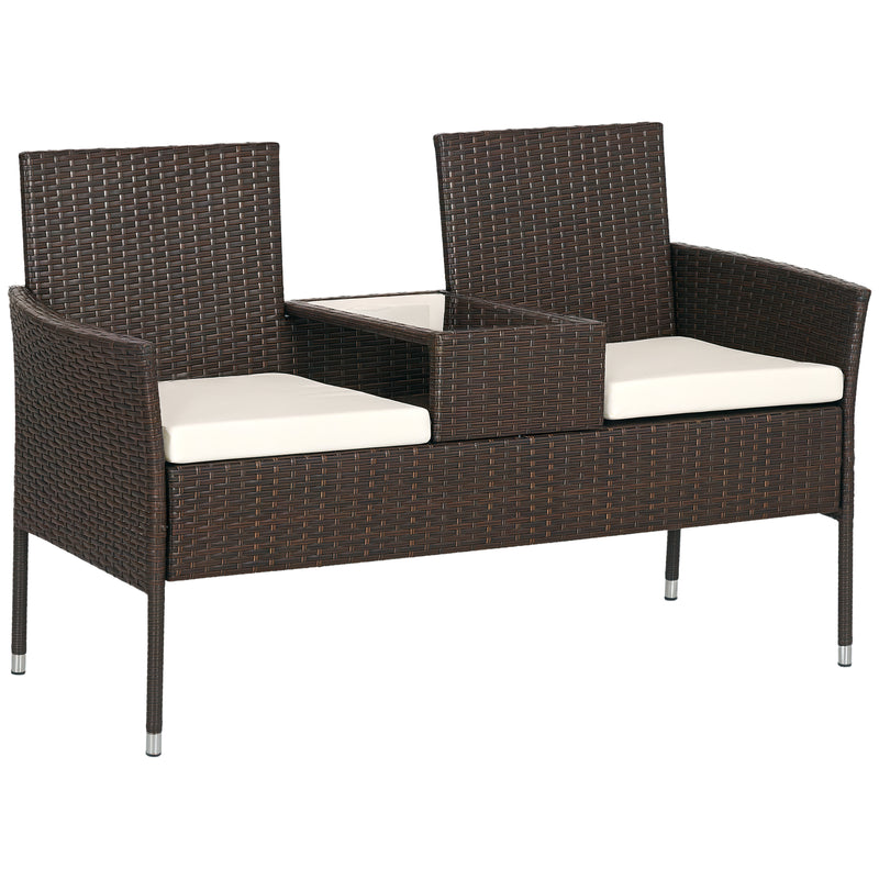 Outsunny Rattan Garden Bench w/ Glass Tea Table, Wicker Chair w/ Cushions