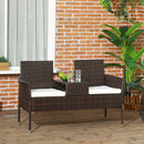 Outsunny Rattan Garden Bench w/ Glass Tea Table, Wicker Chair w/ Cushions