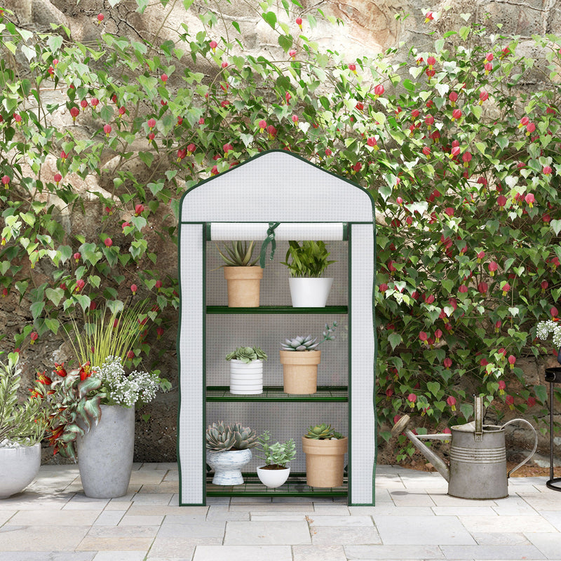Outsunny Portable Mini Greenhouse with Roll-up Door and Wire Shelves, White