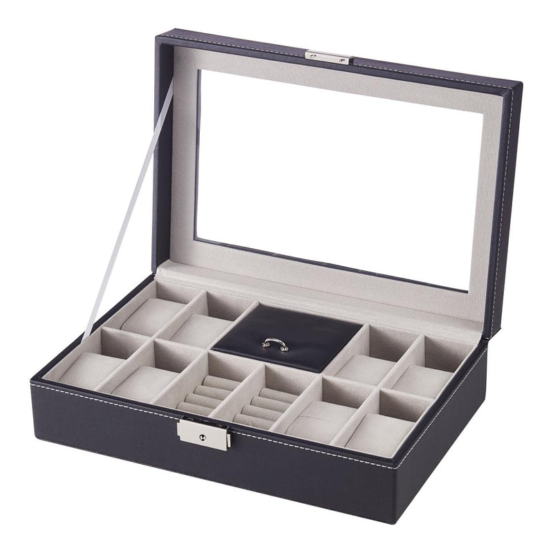 Sheonly 8-Slot Black PU Leather Watch Display Box with Ring Slots