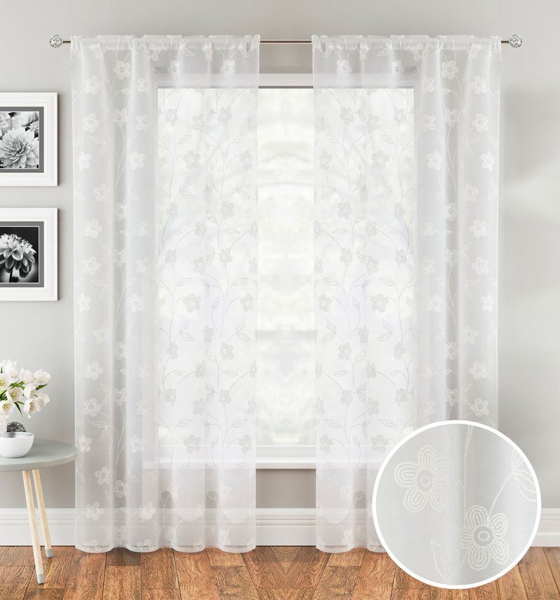 Pair of Sienna White Floral Paste Print Patterned Voile Panels with Rod Pocket Header
